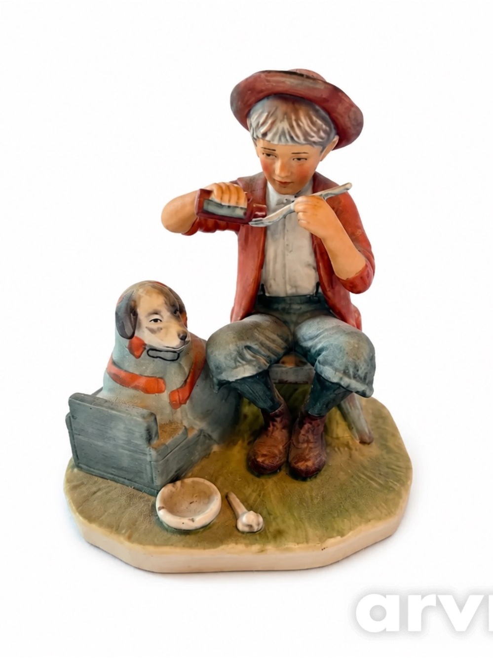 Gorham Hand-Painted Boy and Dog Figurine in Red and Blue-Gray